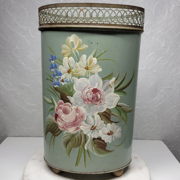 Vintage Plymouth Tole Hand Painted Umbrella Stand Metal Toleware Ball Footed - Picture 8 of 16